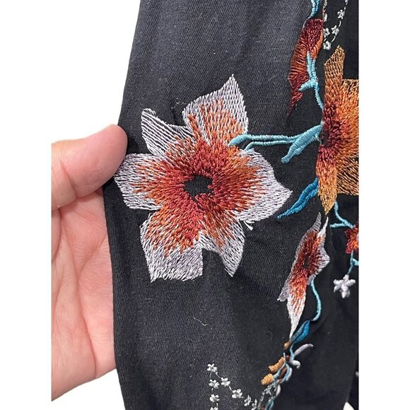 Free People Top Black Embroidered Floral Balloon Long Sleeve Button Size M - Picture 10 of 12